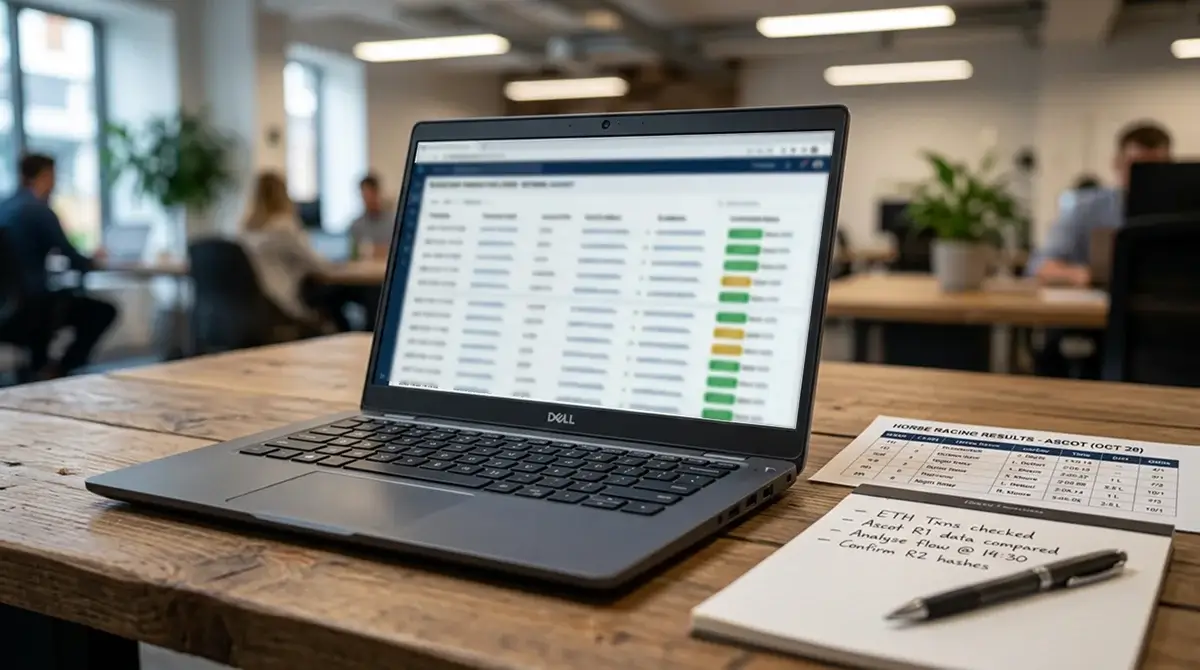 A laptop screen displaying a blockchain transaction ledger alongside printed horse racing results