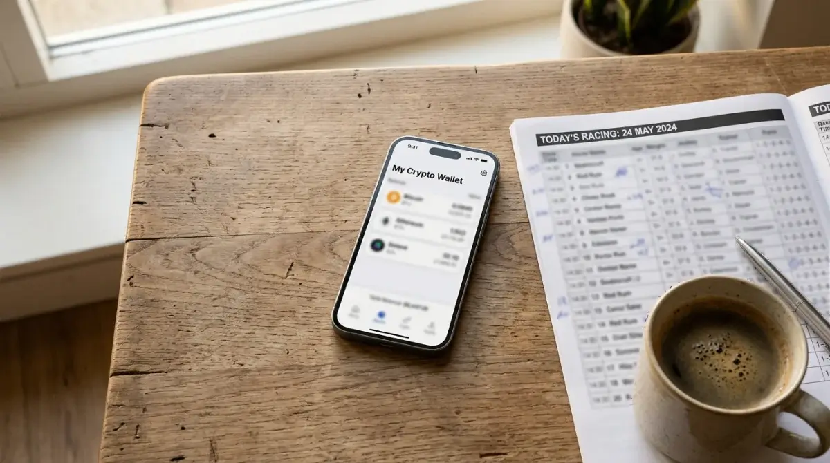 A smartphone screen showing a cryptocurrency wallet with USDT and BTC balances next to a horse racing form guide